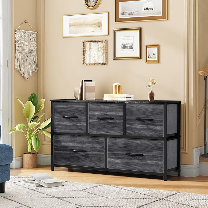 DWVO Dresser with 5 Drawers - Fabric Storage Tower, Organizer Unit for Bedroom, Living Room, Closets - Sturdy Steel Frame, Wooden Top-NeatNest