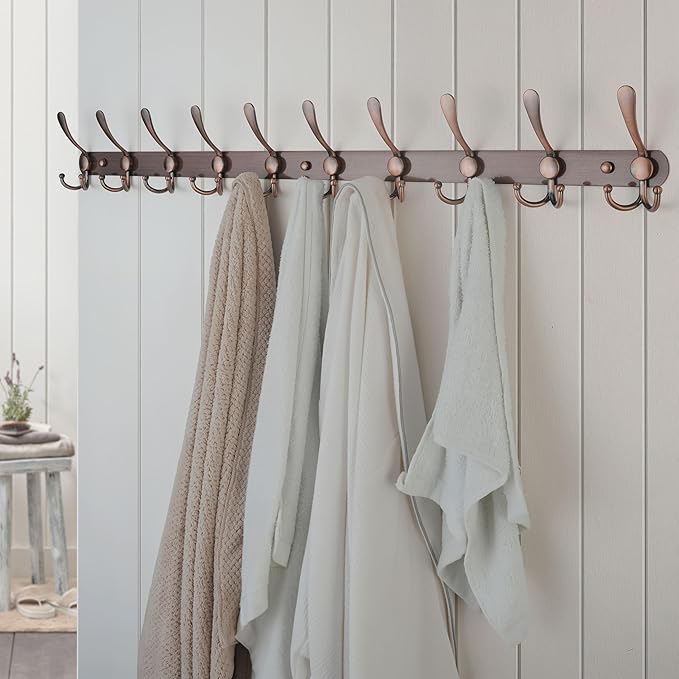 Dseap Coat Rack Wall Mount - 38” Long 10-Tri-Hooks Heavy Duty Coat Hanger Rail Wall Hooks for Hanging Coats Hats Clothing Clothes Purse Mudroom Entryway, Antique Copper-NeatNest