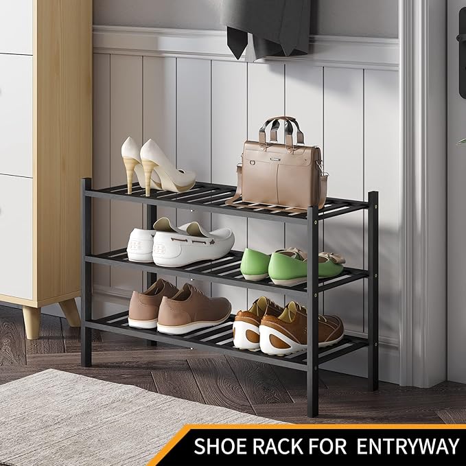 Shoe Rack, 3-Tier Bamboo Stackable Shoe Shelf Storage Organizer, Shoe Stand for Closet, Entryway and Hallway-NeatNest