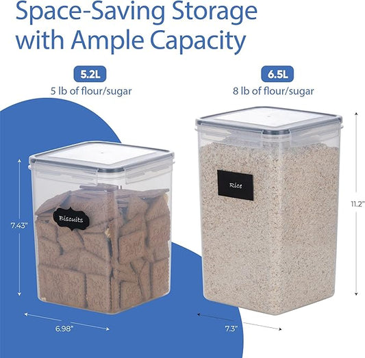 Chef's Path Large Airtight Food Storage Containers with Lids, Pack of 6, 3pcs 6.5L and 3pcs 5.2L, Kitchen and Pantry Canisters for Sugar, Flour, and Baking Supplies - Transparent-NeatNest