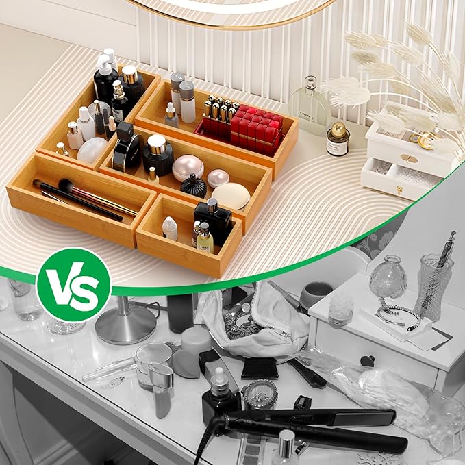 Bamboo Drawer Organizer Set, 5-Piece Storage Trays for Kitchen, Bathroom, Office Desk, Makeup & Junk Drawers,Utensils-NeatNest