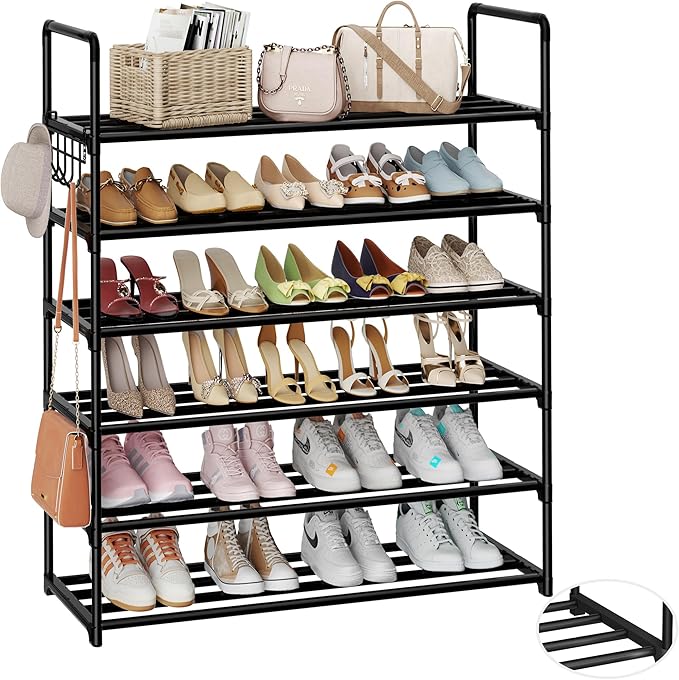 Metal Shoe Organizer,6 Tiers Shoe Storage Shoe Rack with Hooks,Fit 24-30 Pairs,Adjustable Shoe Shelf for Entryway,Hallway,Bedroom,Metal Bottom Support-NeatNest