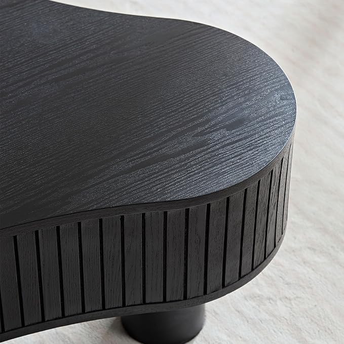 kevinplus 42.52'' Black Wood Coffee Table Modern Coffee Table for Living Room, Contemporary Irregular Drum Curved Handcraft Coffee Table with Strong Legs, Easy Assembly, Black