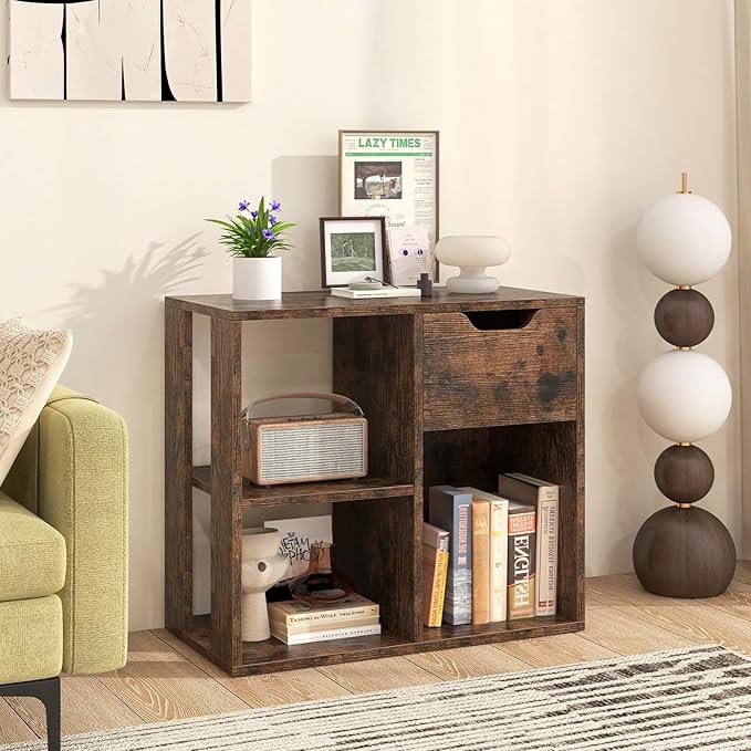 Giantex 3 Cube Bookcase with Drawer, 2 Tier Bookshelf for Small Space, Modern Freestanding Display Rack with Open Shelves, Book Case, Wood Cube Storage Organizer Bedroom Living Room, Rustic Brown