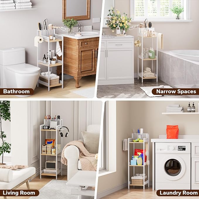 Bathroom Storage shelvesHair Dryer Holder 9.85in White, 3-Tier Narrow Metal Standing Rack with Toilet Paper Holder Cabinet, Multifunctional Corner Unit Stand for Cosmetic Curling Irons Tower-NeatNest