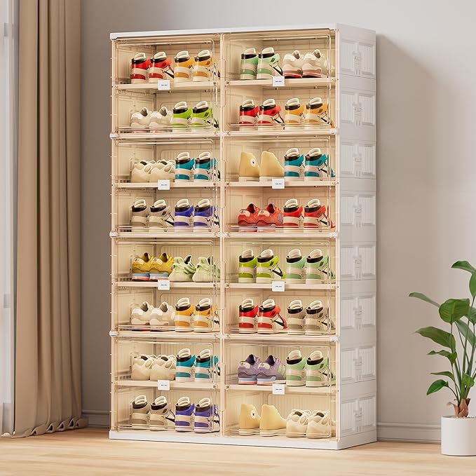 JEKO&JEKO 8 Tiers Foldable Shoe Rack Organizer Cabinet for Closet Entryway, Large Collapsible Shoe Storage Box with Magnetic Doors Fits Up to 32 Pairs (White)-NeatNest