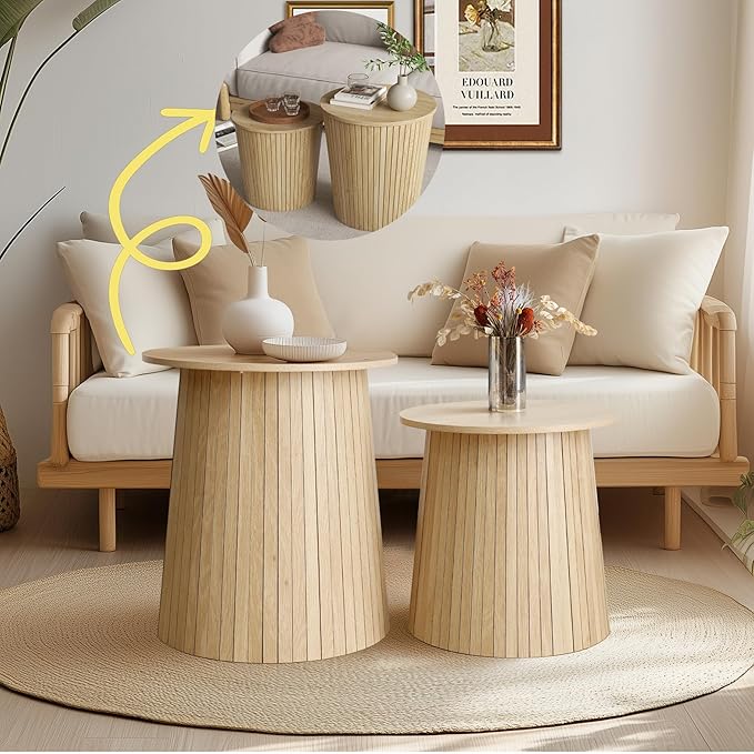 Round Coffee Table Set,2-Piece Modern Farmhouse Living Room End Table Set, Nesting Table Round Natural Finish for Living Room (Wood, 17.72'')