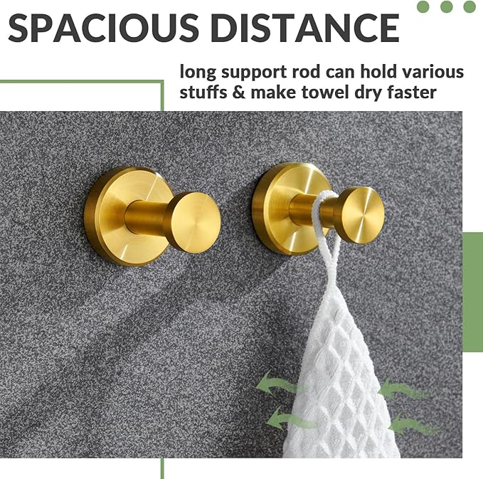 APLusee Brushed Gold Bathroom Towel Hooks 2 Pack, 304 Stainless Steel Robe Hooks for Kitchen Garage, Wall Mounted