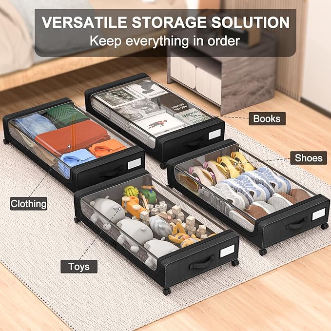 GoMaihe Under Bed Storage with Wheels: XXL Underbed Storage Containers with Clear Lids - Rolling Drawers & Bins for Shoes Clothes in Dorm Bedroom - Space-Saving Easy Pull-out Black 4-Pack-NeatNest