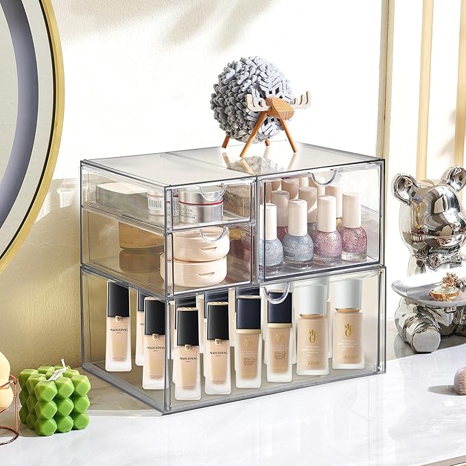Prsildan Acrylic Drawer Makeup Organizer with 4 Drawers, Set of 2 Office Desk Organizers Accessories, Clear Stackable Storage Drawers for Vanity, Countertop, Craft, Jewelry, Art Supply Organization-NeatNest