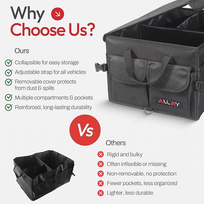 ALLAY Trunk Organizer for Car with Lid – Foldable SUV Trunk Organizer – Multi-Compartment Car Box and Storage – 800D Oxford Truck Bed Shelf with Securing Straps, Non-Slip Bottom 65L
