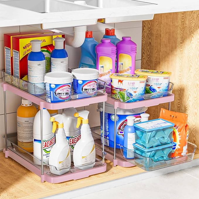 Delamu 2 Sets of 2-Tier Multi-Purpose Bathroom Under Sink Organizers and Storage, Stackable Kitchen Pantry Organization, Pull Out Medicine Cabinet Organizer with 8 Movable Dividers, Pink-NeatNest