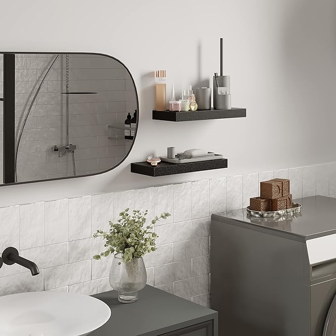 BAMEOS Floating Shelves, Black Wall Mounted Wooden Shelves with Invisible Brackets Set of 2, Hanging Wall Shelves Decoration for Bedroom, Bathroom, Living Room and Kitchen-NeatNest