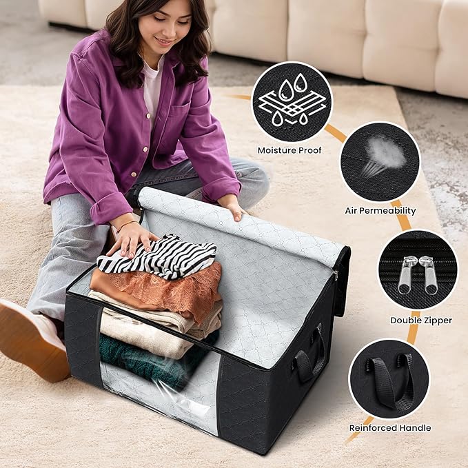 Fab totes 3 Pack Clothes Storage, Foldable Thick Fabric Blanket Storage Bags, Containers for Organizing Bedroom, Closet, Clothing, Comforter,Closet Organization with Handle,Black-NeatNest