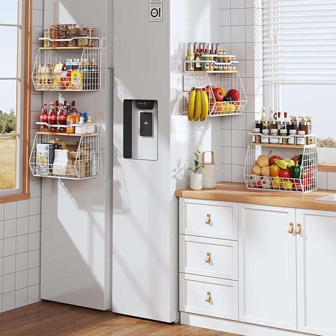 2 Pack Magnetic Shelf for Fridge with Wider & Thicker Magnet, Refrigerator Organizer Storage Basket for Fruit, Onion, Potato, Spice Rack, Kitchen, Laundry, Pantry (White, 13.77" X 6.77" X 11.81")
