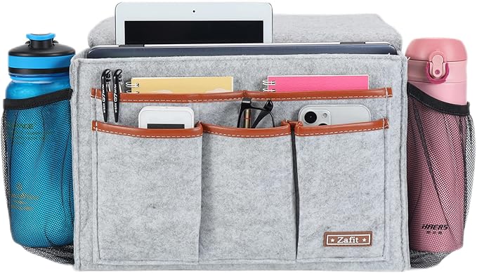 Bedside Caddy, Large Size Bedside Storage Organizer Bedside Organizer Caddy for Magazine Remotes Phone (13.4'' x 18.1'' Plus Size, Light Grey)-NeatNest