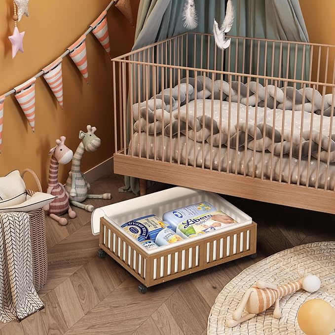 Bamboo Under Bed Storage Containers with Wheels, Rolling Under the Bed Shoe Storage Bins, Wood Stackable Underbed Drawers with Bag Organizer for Bedroom Closet Clothing Under Crib Toy Walnut 1PCS-NeatNest