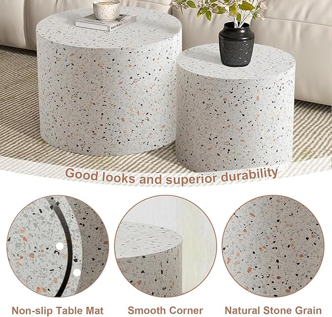 Modern Round Wooden Nesting Circle Coffee Table Set of 2 with Non-Slip Feet, Accent Side End Table, Saving Space Design and No Need Assembly,A