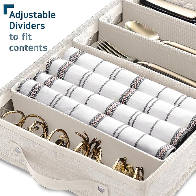 Flatware & Utensil Storage, Durable Silverware Storage Box with Padded Dividers, 5 Compartment Flatware Storage Case, Silverware Case with Handles, Protects and Organizes Cutlery, Cream-NeatNest