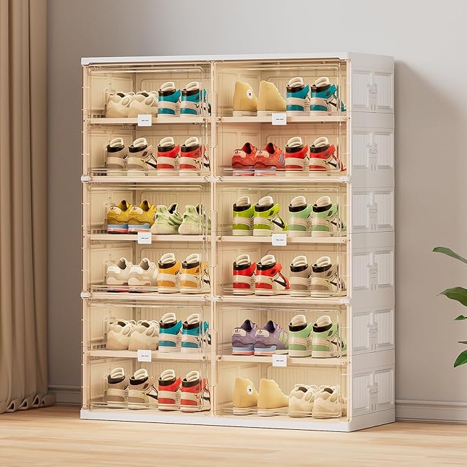 JEKO&JEKO 6 Tiers Foldable Shoe Rack Organizer Cabinet for Closet Entryway, Large Collapsible Shoe Storage Box with Magnetic Doors Fits Up to 24 Pairs (White)-NeatNest