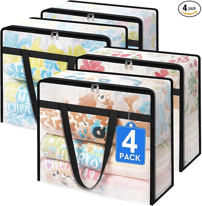 BlissTotes 4 Pack Clear Clothes Storage Bags, Under Bed Storage Containers, Foldable Blanket Storage Moving Bags with Sturdy Zipper and Handle for Clothing, Comforter, Bedding, Sheet (60L)-NeatNest