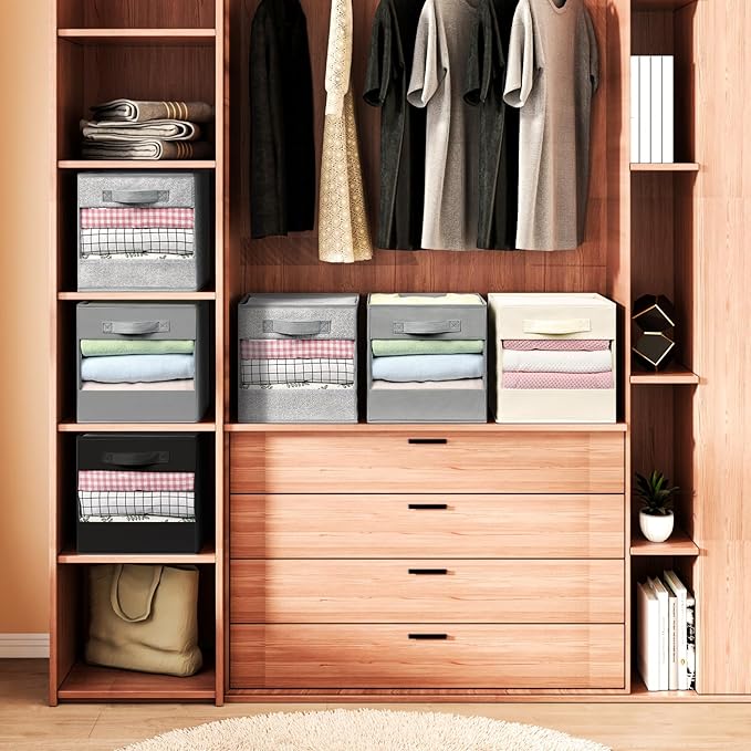 DIMJ Foldable Storage Boxes, Linen Closet Organizers and Storage, 6 Pack Closet Organizer Bins, Storage Cubes with Window, Closet Bins for Clothes, Toys, Books, Blanket (Beige)-NeatNest