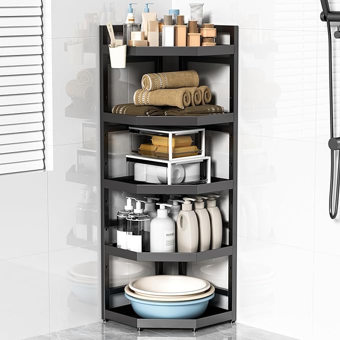 5 Tier Standing Corner Shower Caddy,Waterproof and Rust Proof,Adjustable Height,Multi-functional Tiered Storage for Shower Gel,Shampoo,Cosmetics,Kitchen Supplies,Black