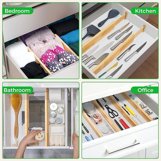 Bamboo Drawer Dividers Organizer with Inserts, Expandable from 12.5-21.7", Adjustable Drawer Organizer Separators for Utensils, Dresser, Bedroom, Bathroom, Closet, Clothing, Office (Beige)-NeatNest