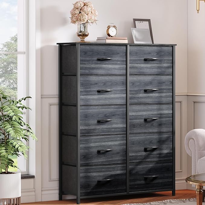 DWVO 10 Drawer Dresser - Fabric Storage Tower, Organizer Unit for Living Room, Hallway, Closets - Sturdy Steel Frame, Wooden Top & Easy Pull Fabric Bins-NeatNest