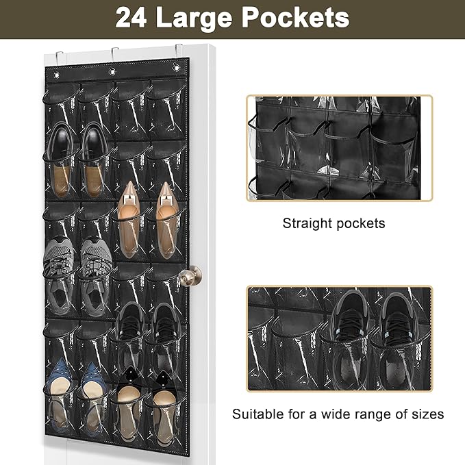 Over The Door Shoe Organizer - Space Saving Shoe Rack for Closet Door with 24 Pockets and Hook, Shoe Holder Back of Door Organizers for Shoes, Hanging Shoe Organizer (Black)-NeatNest