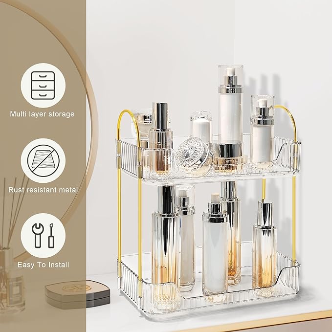 Bathroom Counter Organizer Countertop Storage Skincare Countertop Makeup Organizer Cosmetics Skincare Organizers Holder for Perfume-Clear-golden pole-NeatNest