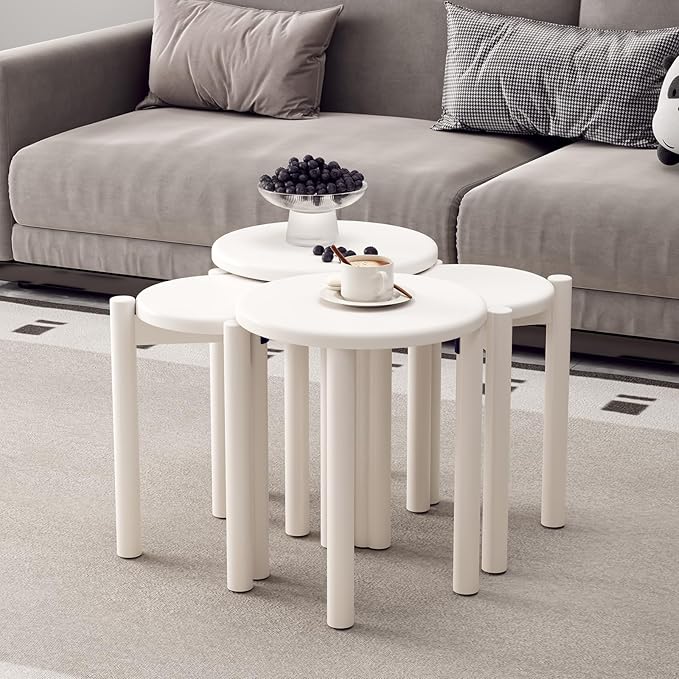 Stackable Stools Set of 4, Wood Stool 18 Inch Stool Stackable Side Tables Nesting Table Sturdy and Durable, No Installation Required for End Table,Top Stackable Round Stools(White Barstool)