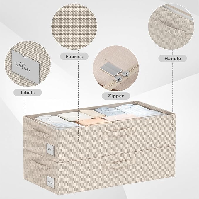 3Pcs Under Bed Storage Bins with Metal Frame - Shoe Organizer for Closet with Clear Cover Oxford Fabric Sturdy Underbed Container Foldable Stackable Clothes Organizer (Beige, 23.5x15.7x6.3)-NeatNest