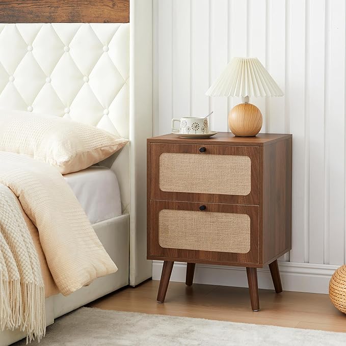 Set of 2 Night Stand with 2 Drawers, Mid Century Modern Nightstands with Nature Linen Panel, Wood Bedside Table Rustic End Table Side Tables for Small Space, Dorm, Bedroom (Walnut)(Walnut)