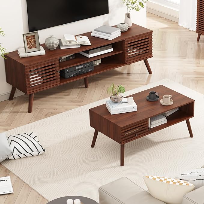 Coffee Table, Mid Century Modern Table with Storage, Living Room Center Table with Slatted Panel Drawer, Fluted Wood Coffee Table with Open Shelf for Living Room, Walnut-NeatNest