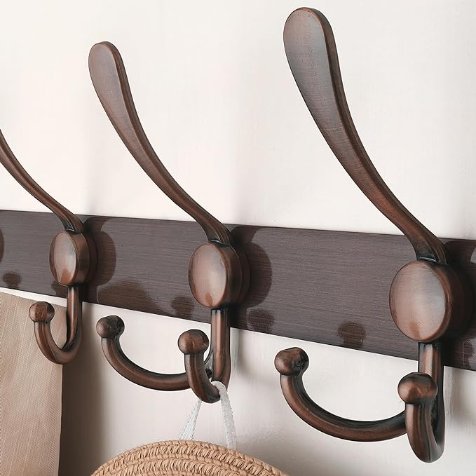 Dseap Wall Mounted Coat Rack - 5 Tri Hooks, Heavy Duty, Stainless Steel, Metal Coat Hook Rail for Coat Hat Towel Purse Robes Mudroom Bathroom Entryway (Antique Copper, 2 Packs)-NeatNest