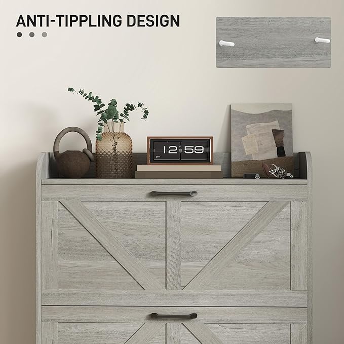 HOMCOM Shoe Storage Cabinet with 2 Flip Drawers, Legs, Farmhouse Freestanding Narrow Shoe Cabinet, Slim Hidden Rack Organizer for Entryway, Hallway, Light Gray Wood Grain-NeatNest