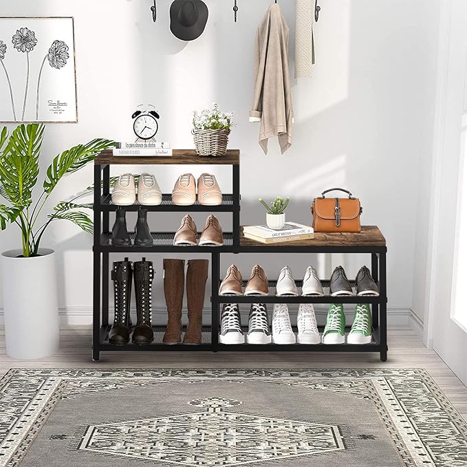 Shoe Rack Bench Shoe Storage Organizer with Seat, 5-Tier Industrial Free Standing Shoe Rack for Entryway, Narrow Shoe Rack Organizer Shelves for High Heels, Entryways, Hallways, Closets,Brown-NeatNest
