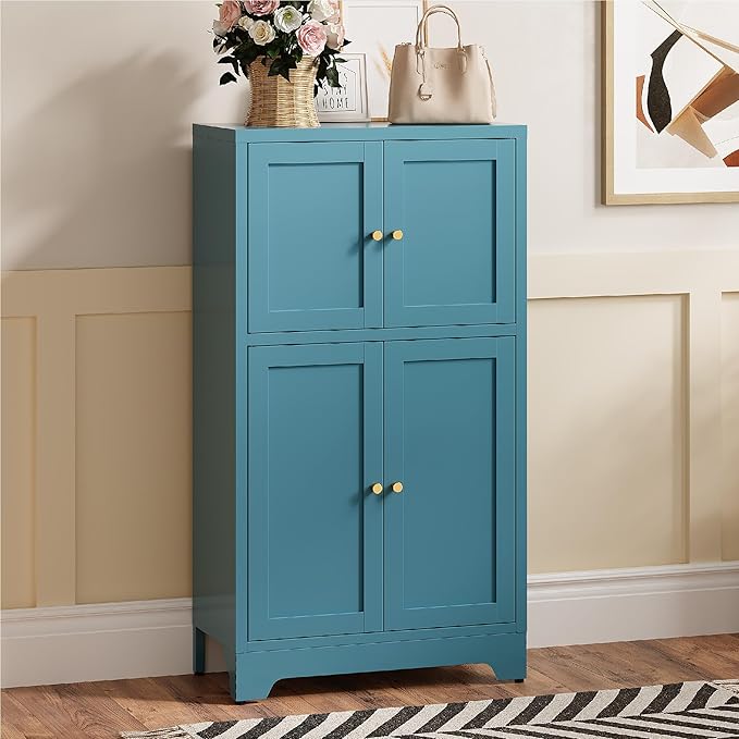 Bathroom Floor Storage Cabinet, Freestanding Accent Cabinets with 4 Doors and 2 Adjustable Shelves,Teal Blue Metal Locker Cabinets for Restroom, Kitchen,Living Room,Hallway