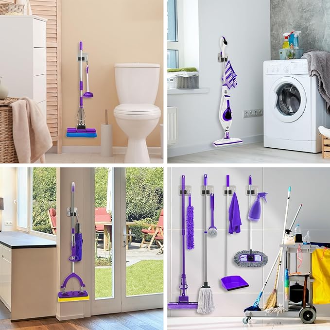 Broom Holder Wall Mount Screw Drilling, Sturdy Heavy Duty Stainless Steel Mop Gripper Rack Perforated, Perfect for Laundry Room Organizer, Fit with Laundry Kitchen Garage Garden Storage System-NeatNest