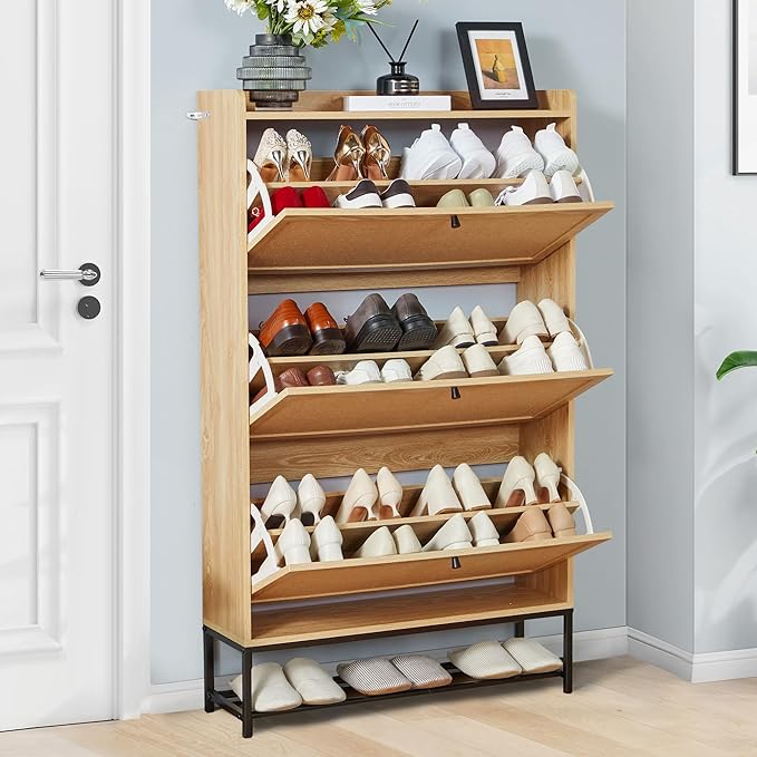 LEVNARY Shoe Storage Cabinet with 3 Flip Drawers, Freestanding Shoe Cabinet Storage Organizer for Entryway, Wooden Narrow Shoe Racks Cabinet with Metal Legs for Hallway (Natural Oak)-NeatNest
