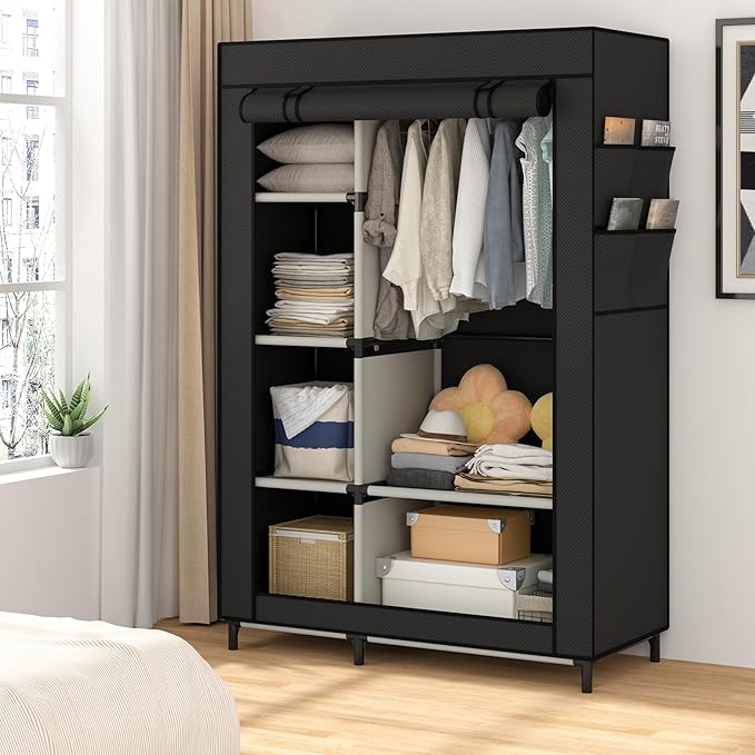 Calmootey Portable Closet Organizers, Clothing Storage, Wardrobe with 6 Shelves and Hanging Rod, Non-Woven Fabric Cover with 4 Side Pockets, Black-NeatNest