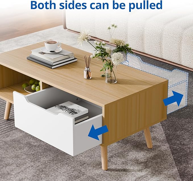 Cozy Castle Modern Wooden Coffee Table with Storage, Minimalist Hallway Mid Century Cocktail Table for Living Room Apartment Reception, Oak-NeatNest