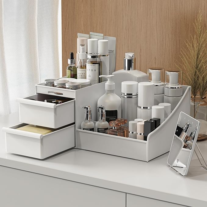 Makeup Organizer Countertop, Vanity Organizer with Drawers for Cosmetics, Skincare, Brushes, Perfume, Skincare Organizer for Vanity, Perfume Organizer for Dresser, Bathroom (White&2 Drawers)-NeatNest
