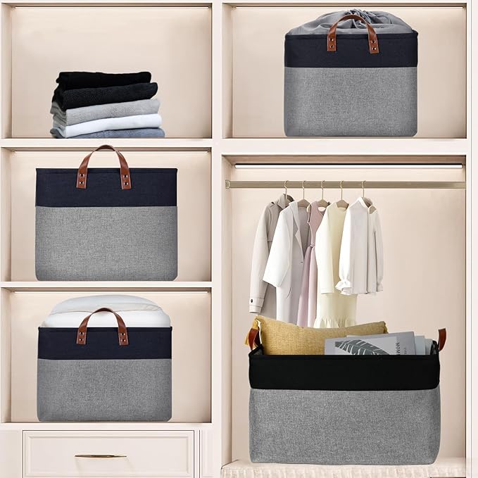 DULLEMELO Extra Large Canvas Fabric Storage Basket, 70L Foldable Closet Storage Bin with Handles, 22" Large Blanket Basket Living Room for Storage Toys, Pillows, Clothes, Books (Black&Grey)-NeatNest