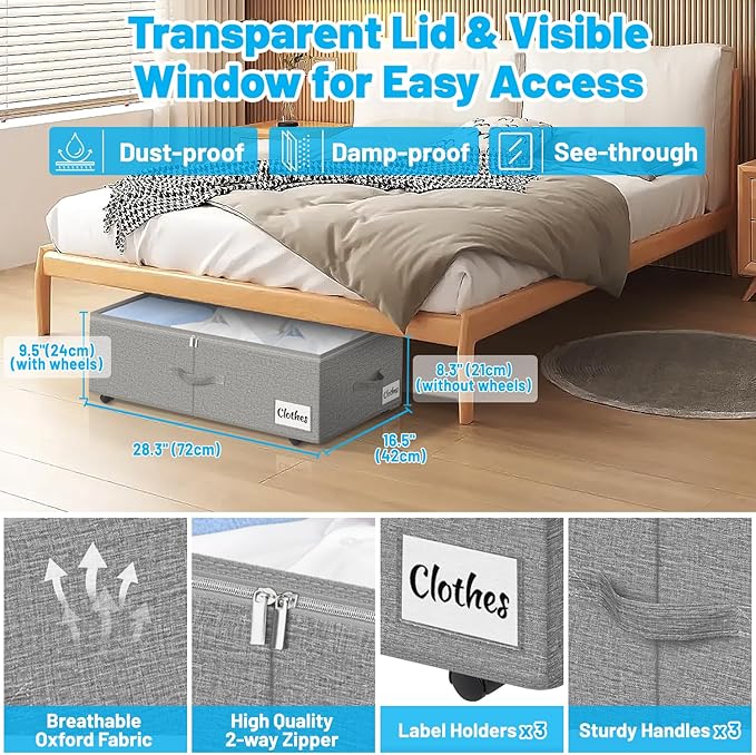 2 Pack Under Bed Storage with Wheels 10" Height, Rolling Storage Bins XXL 60L, Underbed Shoe Storage Containers with Label & Clear Lid, Dorm Under bed Drawers for Clothes, Shoes, Quick Assembly, Grey-NeatNest