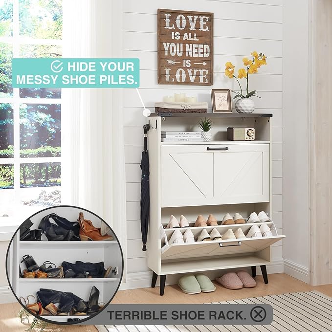 Shoe Storage Cabinet,Farmhouse Shoe Organizer with 2 Flip Drawers & Barn Door Design,Freestanding Hidden Slim Narrow Shoe Rack Cabinet with Open Storage for Entryway, Foyer,Antique White-NeatNest
