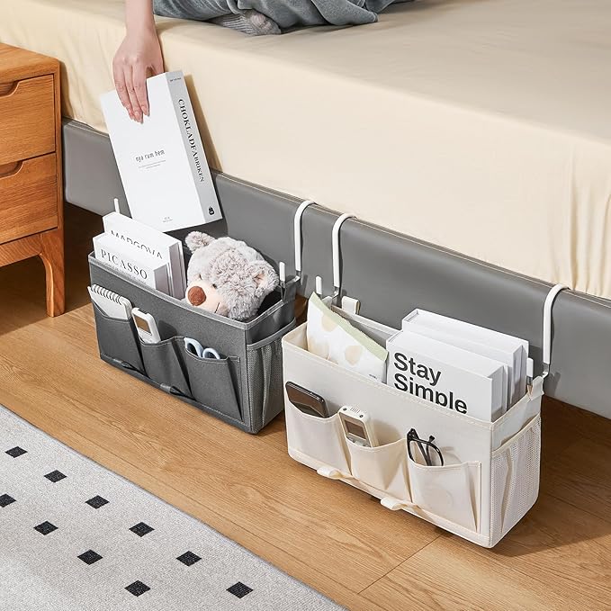Bedside Organizer Caddy, Bed Organizer with 3 Pockets and Mesh Side Pocket, Great for College Dorms and Hospital Beds, Gray, 2 Pack-NeatNest
