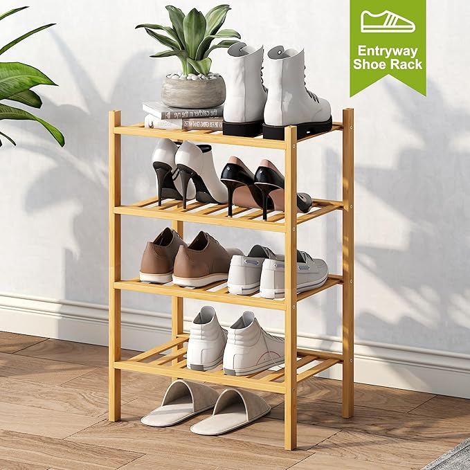 BMOSU 4-Tier Bamboo Small Shoe Rack Premium Stackable Shoe Shelf Storage Organizer for Hallway Closet Living Room Entryway Organizer (Natural Bamboo)-NeatNest