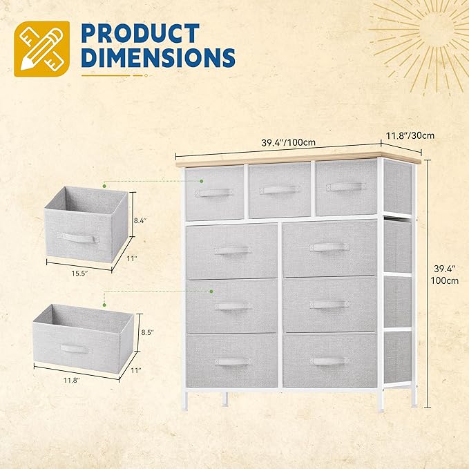 DWVO 9 Drawer Dresser, Light Gray Fabric Storage Tower, Tall Organizer Unit for Room, Living Room, Hallway, Closets - Sturdy Steel Frame, Wooden Top & Easy Pull Bins-NeatNest